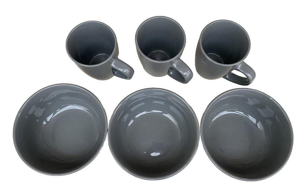 6pc Set ROYAL NORFOLK GREENBRIER INTERNATIONAL SOLID GRAY 3 Bowls 3 Mugs